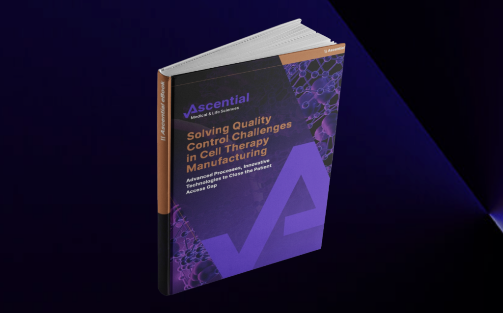 Image of a book titled "Solving Quality Control Challenges in Cell Therapy Manufacturing" by Ascential. The cover is predominantly purple with abstract molecular graphics and white text.